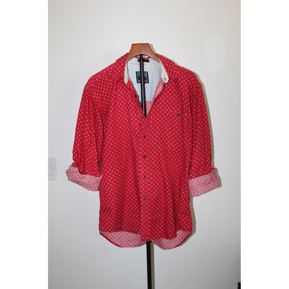 VTG Chaps Ralph Lauren Mens M Red Star Print Button Up Shirt Long Sleeve Cotton